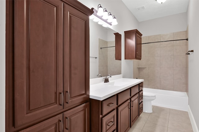 bathroom with shower / tub combination, toilet, tile patterned flooring, vanity, and visible vents