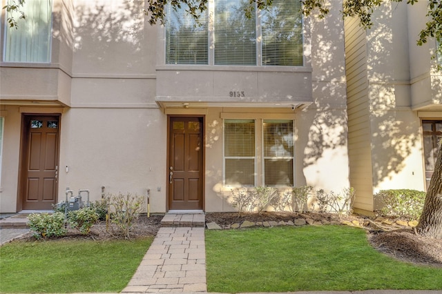 doorway to property featuring a lawn and stucco siding