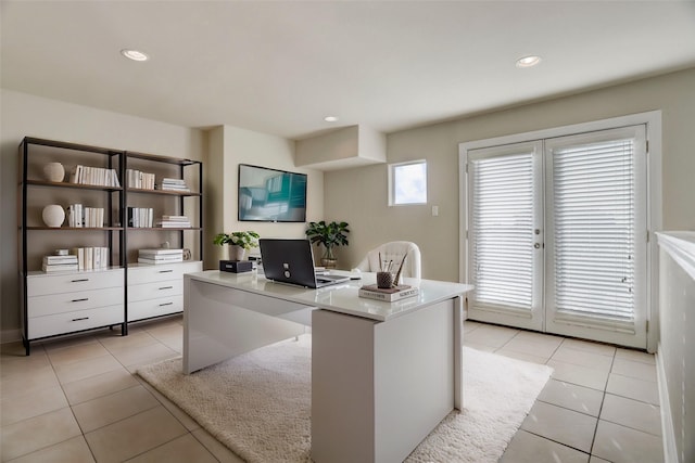 office area featuring recessed lighting, french doors, and light tile patterned flooring