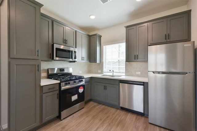 6835 New York St, Houston, TX 77021 - kitchen featuring light wood-style flooring, a sink, light countertops, appliances with stainless steel finishes, and backsplash