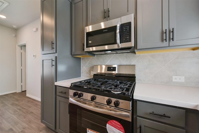 6835 New York St, Houston, TX 77021 - kitchen with gray cabinets, light countertops, light wood-style flooring, backsplash, and appliances with stainless steel finishes