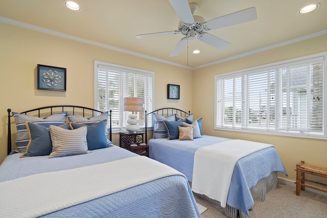 bedroom featuring ornamental molding, recessed lighting, carpet flooring, and baseboards