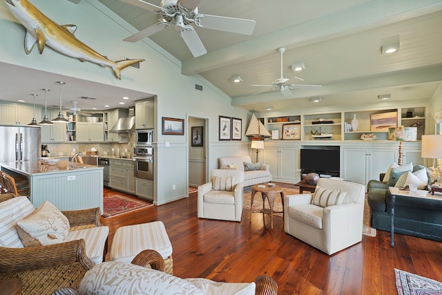 living room with vaulted ceiling with beams, dark wood-type flooring, visible vents, and a ceiling fan