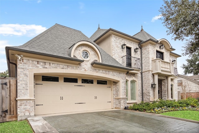 french country style house featuring concrete driveway, a balcony, and roof with shingles