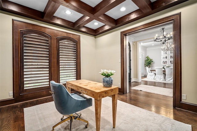 office space with beamed ceiling, baseboards, coffered ceiling, and dark wood-style flooring