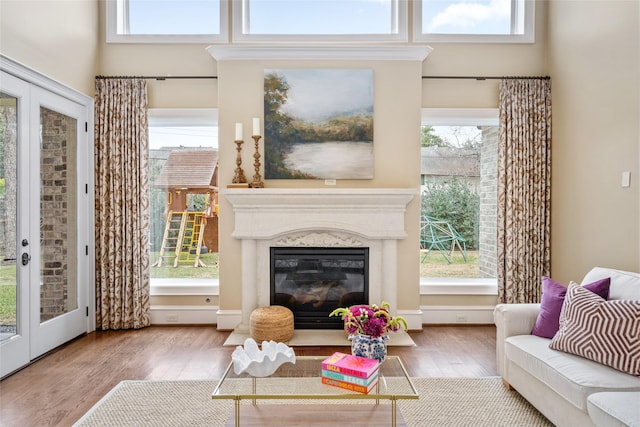 living room with plenty of natural light, french doors, and a premium fireplace