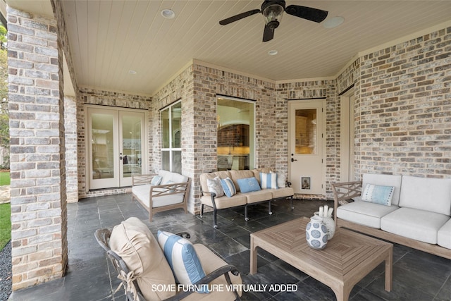 view of patio with french doors, outdoor lounge area, and a ceiling fan