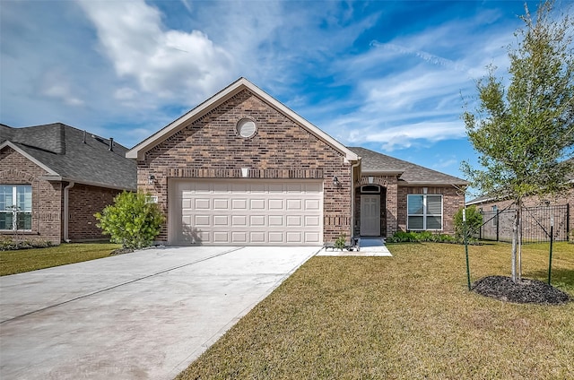 ranch-style house with a garage, brick siding, fence, concrete driveway, and a front lawn