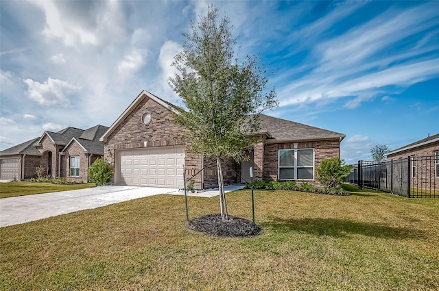 ranch-style house featuring brick siding, concrete driveway, a front yard, fence, and a garage