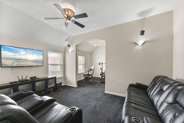 cinema featuring baseboards, arched walkways, vaulted ceiling, and a textured ceiling