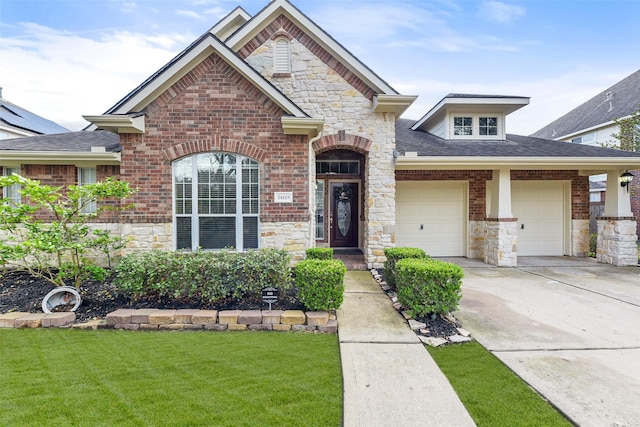 view of front facade with an attached garage, stone siding, driveway, and a front lawn