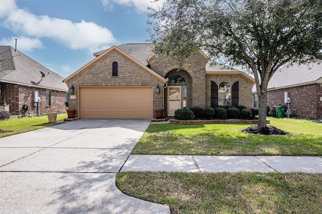 view of front of house with a garage, driveway, brick siding, and a front yard