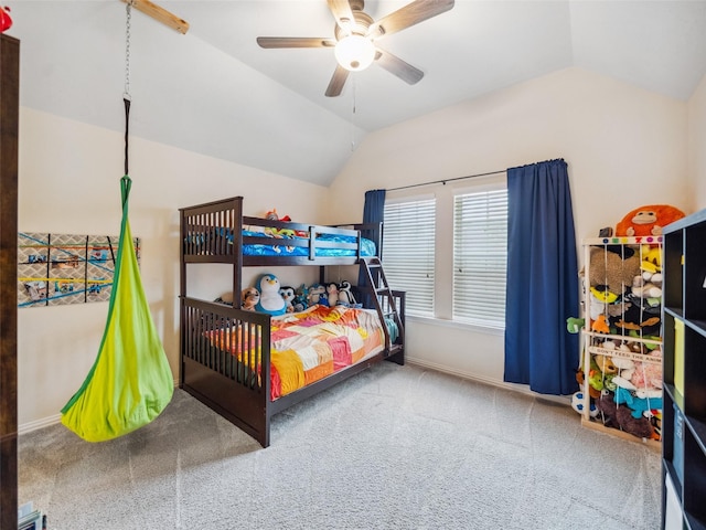 bedroom with lofted ceiling, baseboards, carpet floors, and a ceiling fan