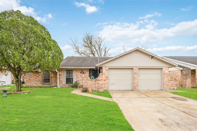 ranch-style home with brick siding, a shingled roof, an attached garage, driveway, and a front lawn