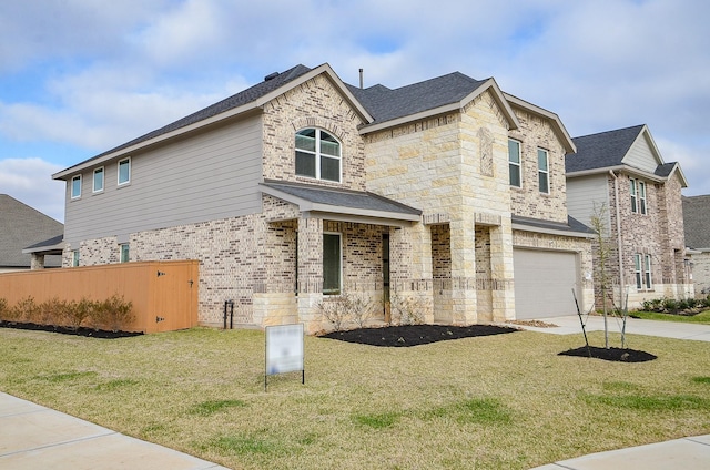 french country inspired facade featuring brick siding, concrete driveway, stone siding, an attached garage, and a front yard