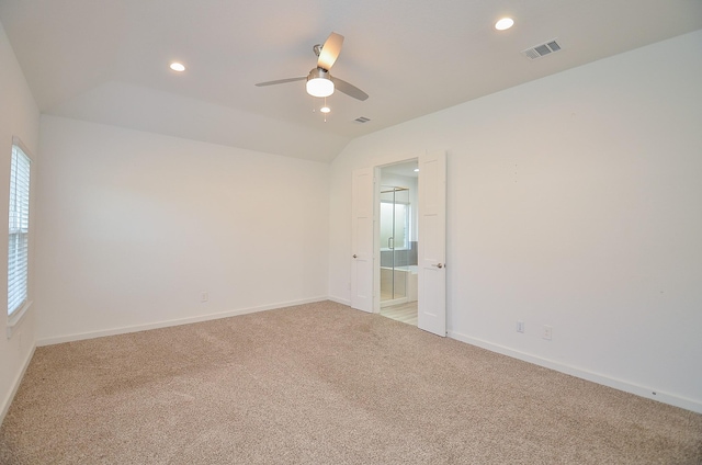 unfurnished room featuring baseboards, carpet floors, visible vents, and recessed lighting