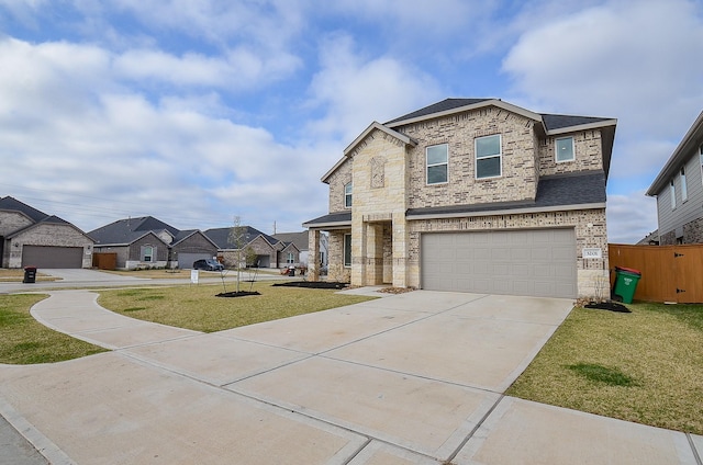 view of front of property featuring stone siding, a front lawn, and a residential view