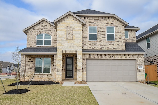 french provincial home featuring an attached garage, brick siding, driveway, roof with shingles, and a front lawn