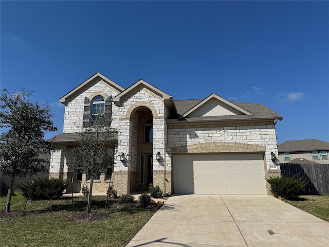 french provincial home with a garage, driveway, fence, and a shingled roof