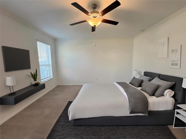 bedroom with ceiling fan, ornamental molding, carpet, and baseboards