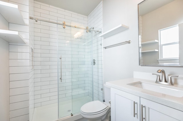 bathroom featuring toilet, a shower stall, and vanity