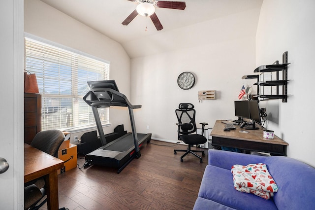 office featuring vaulted ceiling, dark wood finished floors, baseboards, and ceiling fan