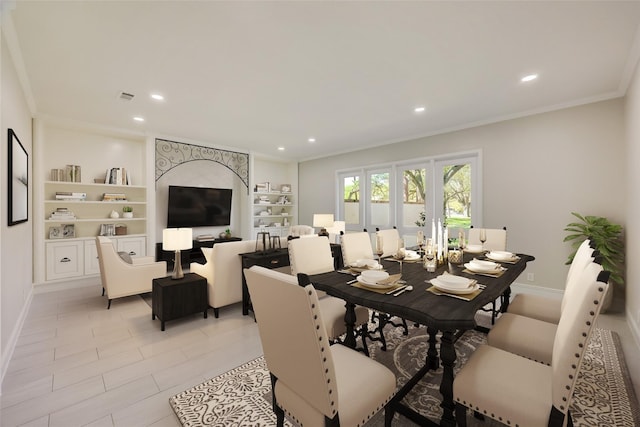 dining area featuring visible vents, baseboards, recessed lighting, and ornamental molding