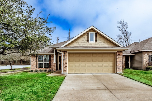 craftsman-style house with a garage, brick siding, concrete driveway, and a front yard