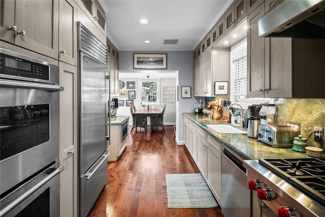 kitchen with light stone counters, ornamental molding, stainless steel appliances, a sink, and exhaust hood