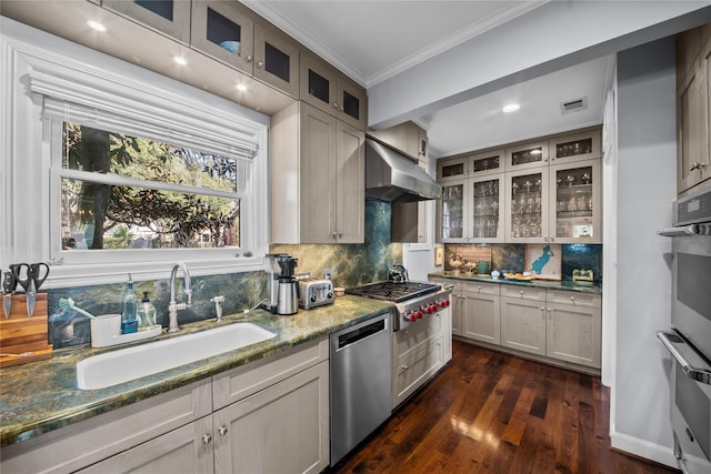 kitchen with visible vents, glass insert cabinets, stainless steel appliances, under cabinet range hood, and a sink