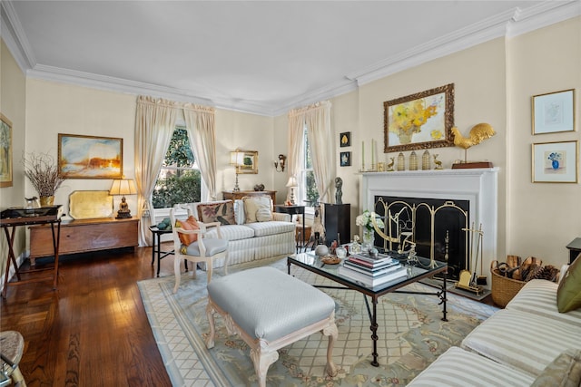 living room with dark wood-type flooring, a fireplace, and ornamental molding