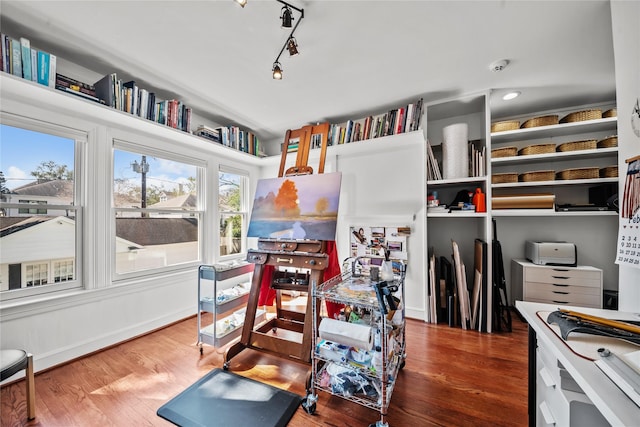 office space with wood finished floors and rail lighting