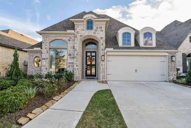 french country home with driveway, stone siding, a garage, and brick siding