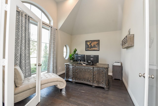 office area featuring dark wood-style floors, baseboards, high vaulted ceiling, and french doors