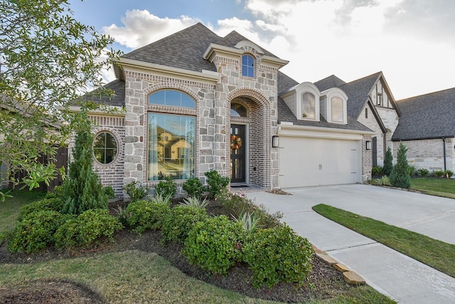 french country home with a garage, a shingled roof, concrete driveway, stone siding, and brick siding