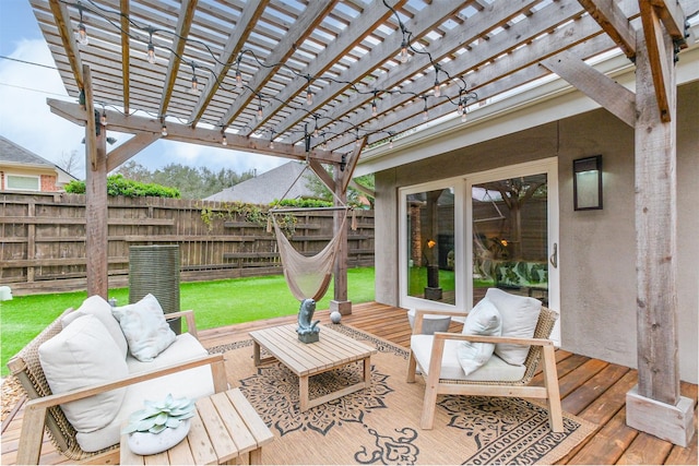 deck featuring fence, an outdoor living space, and a pergola