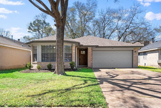 ranch-style house with a garage, driveway, and brick siding