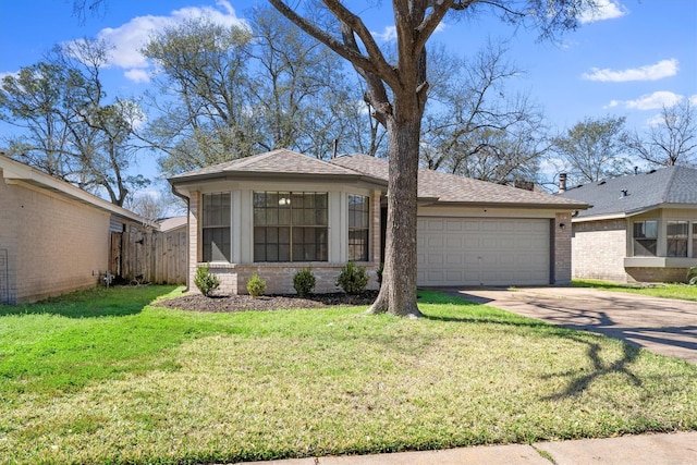 view of front of house featuring an attached garage, brick siding, a shingled roof, driveway, and a front lawn