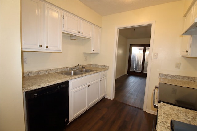 kitchen featuring dark wood-type flooring, stove, a sink, white cabinetry, and black dishwasher