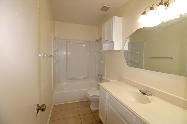 bathroom featuring toilet, vanity, visible vents,  shower combination, and tile patterned floors