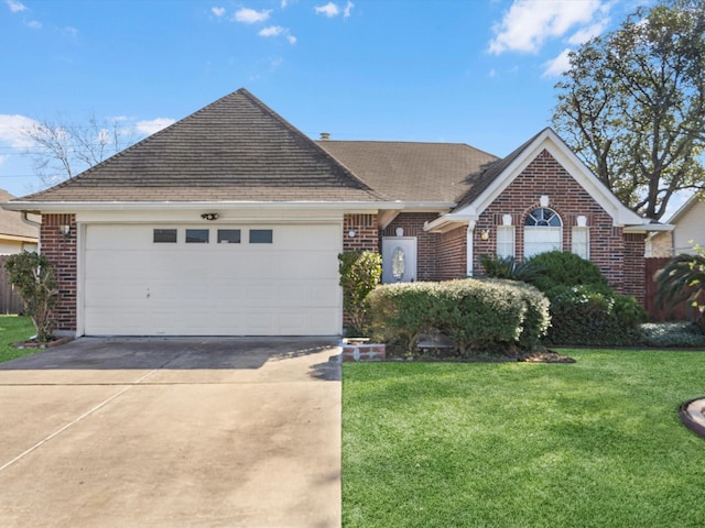 ranch-style home featuring a garage, driveway, a front lawn, and brick siding