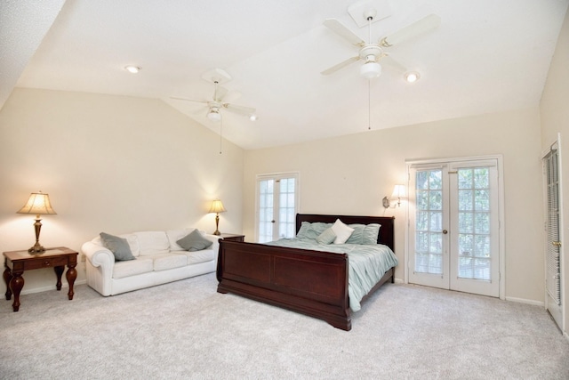 bedroom with access to outside, french doors, light carpet, and lofted ceiling