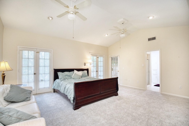 bedroom featuring light colored carpet, visible vents, vaulted ceiling, access to outside, and french doors