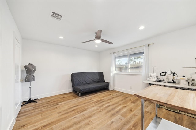 sitting room featuring recessed lighting, visible vents, ceiling fan, light wood-type flooring, and baseboards