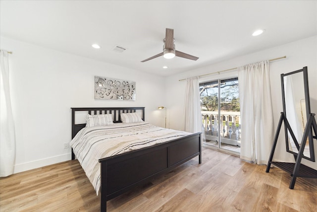 bedroom with access to exterior, recessed lighting, visible vents, light wood-style flooring, and baseboards