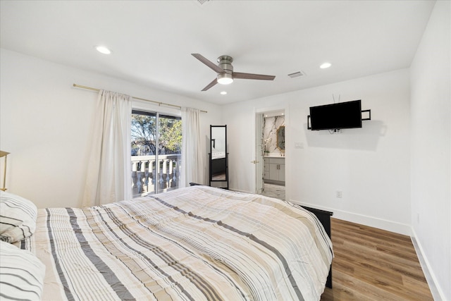 bedroom featuring baseboards, a ceiling fan, access to outside, light wood-type flooring, and recessed lighting