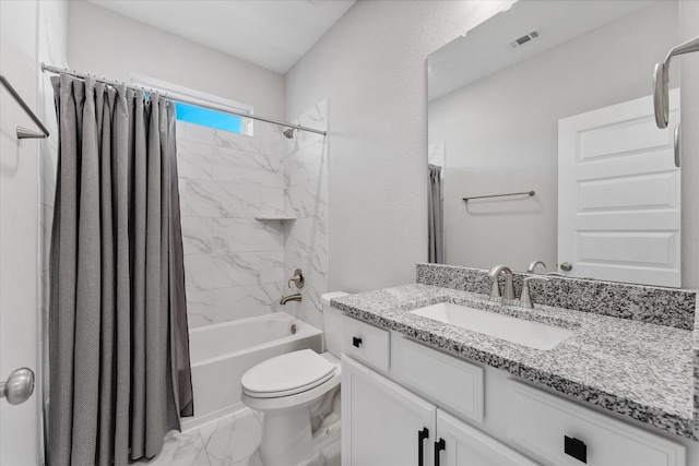 bathroom with toilet, shower / tub combo, vanity, visible vents, and marble finish floor