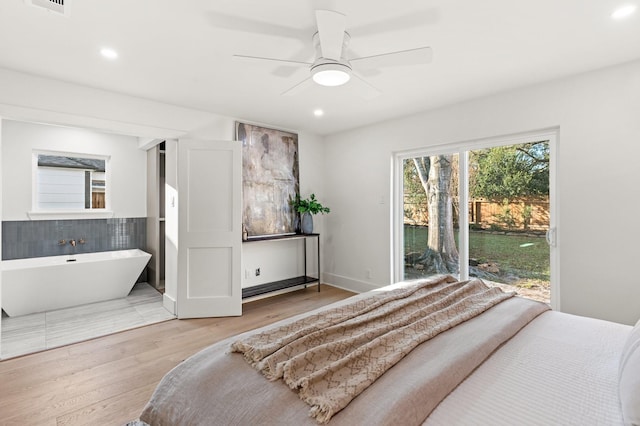 bedroom featuring access to outside, light wood-style flooring, a ceiling fan, and recessed lighting