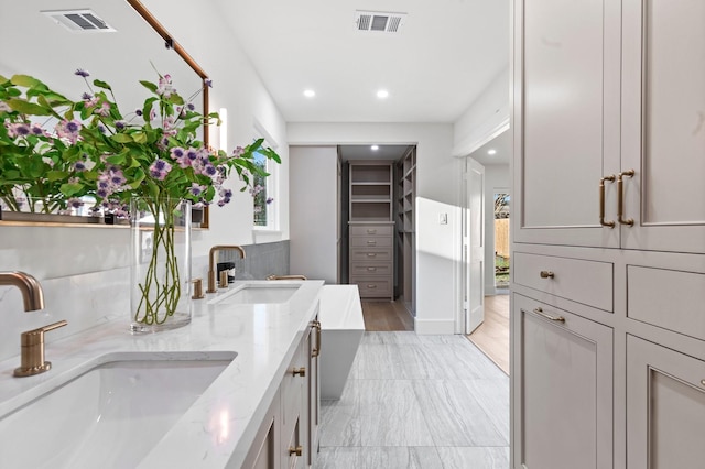 bathroom featuring a spacious closet, visible vents, and a sink