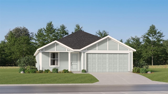 ranch-style home featuring an attached garage, concrete driveway, a shingled roof, and a front yard